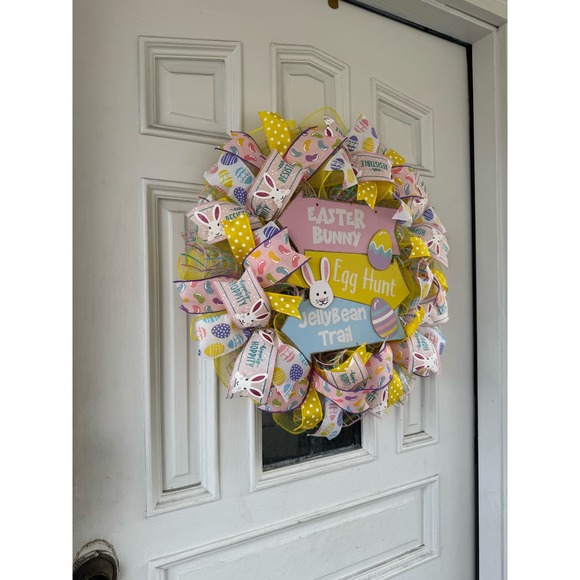 Easter Bunny Jelly Bean Trail Egg Hunt Sign Mesh Ribbon Spring Wreath - Picture 6 of 8